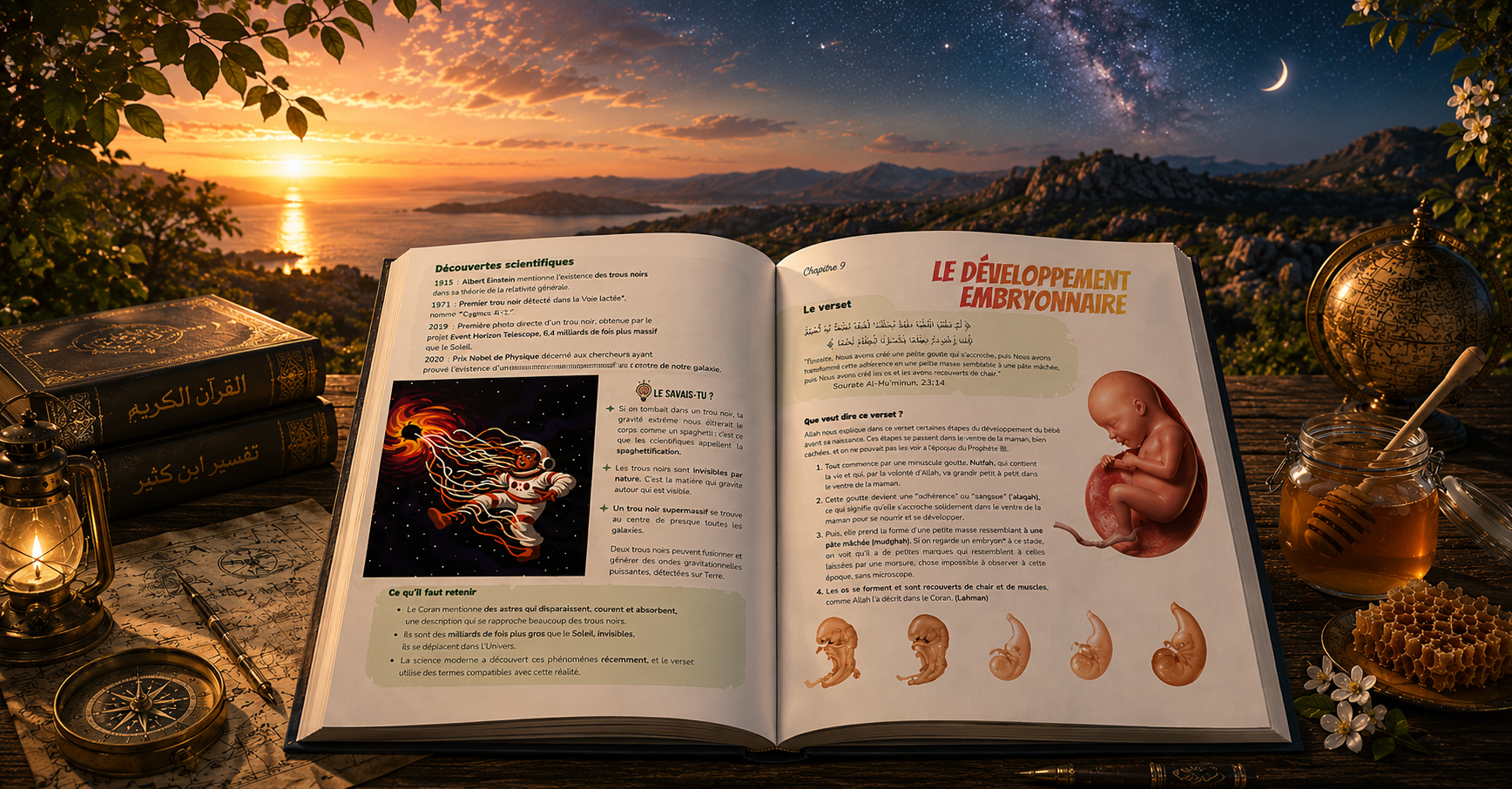 Le livre 30 Miracles du Coran ouvert dans un décor naturel